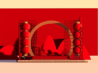 Traditional Chinese Red Decoration with Lanterns Arch Grid and Mountain Shapes 3d model