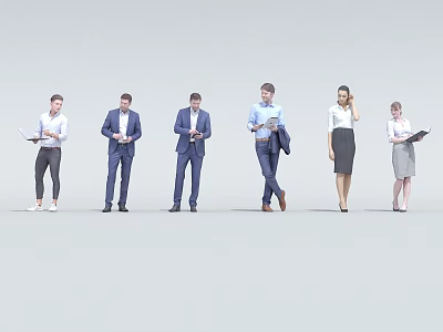 Group of Business Professionals in Formal Attire Holding Documents Using Phones and Talking 3d model
