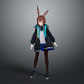 Game and Movie Character With Rabbit Ears Brown Hair Coat Skirt Stockings and Sneakers