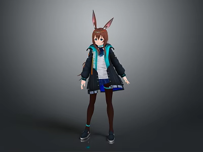 Game and Movie Character With Rabbit Ears Brown Hair Coat Skirt Stockings and Sneakers 3d model