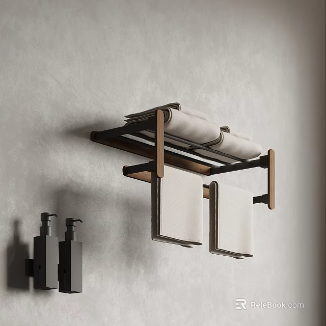 Wall Mounted Bathroom Accessories Towel Rack With Rolled Hanging Towels Gray Textured Wall Black Soap Dispensers 3d model 