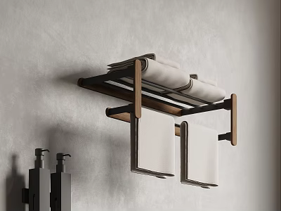 Wall Mounted Bathroom Accessories Towel Rack With Rolled Hanging Towels Gray Textured Wall Black Soap Dispensers 3d model
