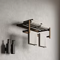 Wall Mounted Bathroom Accessories Towel Rack With Rolled Hanging Towels Gray Textured Wall Black Soap Dispensers