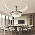 Elegant Banquet Hall Interior Featuring Round Dining Table Chandelier Green Plant Centerpiece And TV Screen