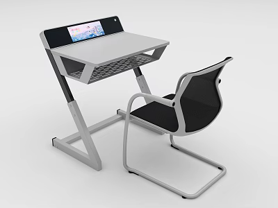 Modern Study Desk With Tablet Display Metal Frame White Surface And Mesh Chair 3d model
