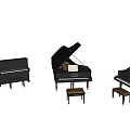 Elegant Piano Collection Including Grand Upright Models with Benches and Music Sheets