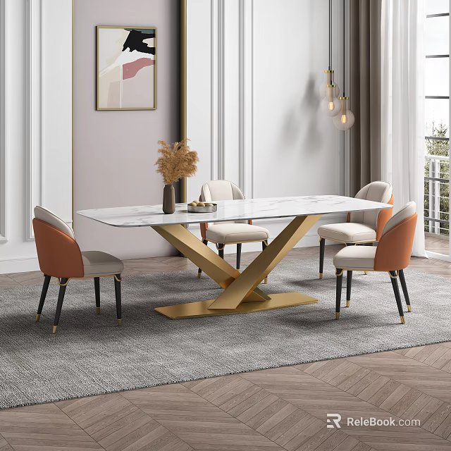 Modern Dining Table With Marble Top Golden Cross Legs Orange Chairs And Dried Flower Vase 3d model 