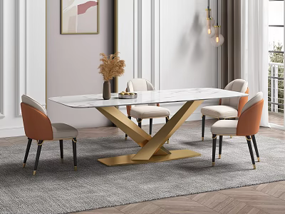 Modern Dining Table With Marble Top Golden Cross Legs Orange Chairs And Dried Flower Vase 3d model