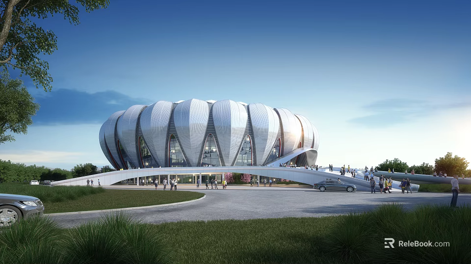 Modern Architectural Landmark With Unique Silver Streamlined Exterior Grassy Area And People 3d model 