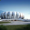 Modern Architectural Landmark With Unique Silver Streamlined Exterior Grassy Area And People