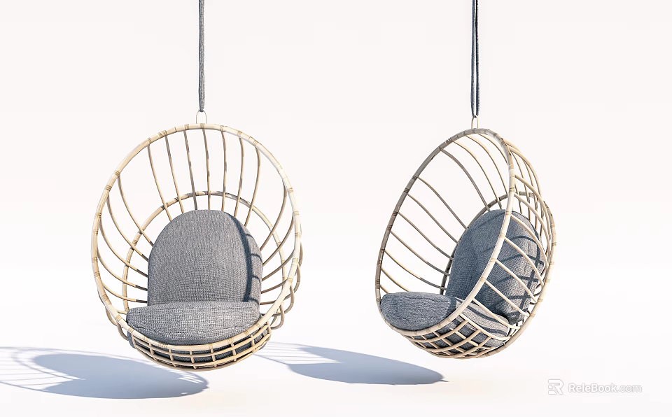 Two Stylish Rattan Hanging Chairs With Gray Cushions And Hanging Design 3d model 