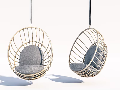 Two Stylish Rattan Hanging Chairs With Gray Cushions And Hanging Design 3d model