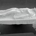 Wrinkled White Cloth Covered Metal Bed Frame With Blue Legs On Gray Floor