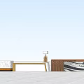 Modern Front Desk Design with Marble Wooden Wall Blue Sky Clouds and Reflective Floor