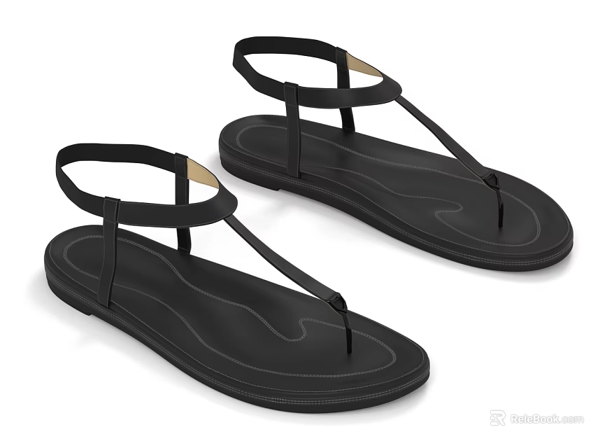 Black Flat Sandals With Thin Straps And Ankle Strap For Daily Casual Use 3d model 