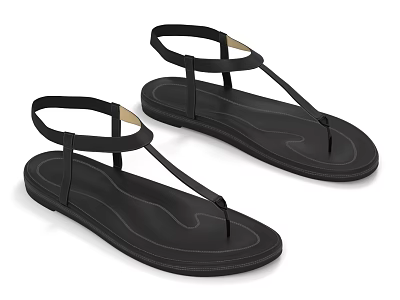 Black Flat Sandals With Thin Straps And Ankle Strap For Daily Casual Use 3d model