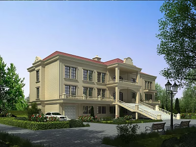 Two Story Detached Villa With Beige Exterior Red Roof Front Steps And Green Lawn 3d model