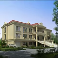 Two Story Detached Villa With Beige Exterior Red Roof Front Steps And Green Lawn