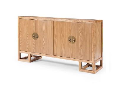 Wooden Entryway Cabinet Sideboard With Light Wood Finish And Brass Round Handles On Square Legs 3d model