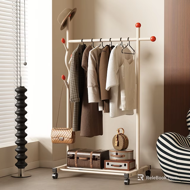 Modern Clothes Rack With Hanging Shirts Dresses Handbag And Decorative Suitcase In Room 3d model 