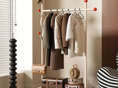 Modern Clothes Rack With Hanging Shirts Dresses Handbag And Decorative Suitcase In Room 3d model