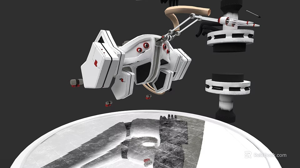 Futuristic Mechanical Game Character With White Body Red Details Mechanical Arm Floating Structure Reflective Platform 3d model 