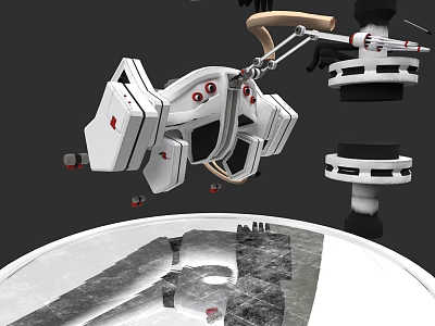 Futuristic Mechanical Game Character With White Body Red Details Mechanical Arm Floating Structure Reflective Platform 3d model
