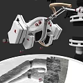 Futuristic Mechanical Game Character With White Body Red Details Mechanical Arm Floating Structure Reflective Platform