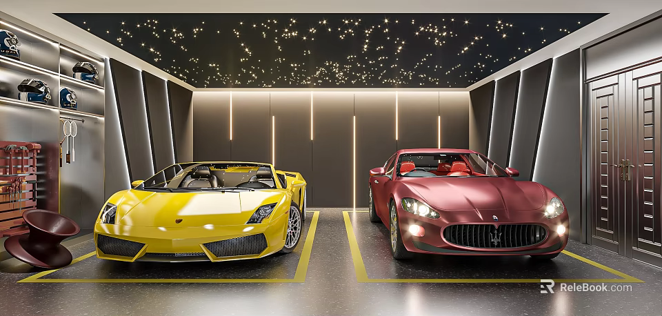 Luxury Garage With Yellow And Red Sports Cars Ceiling Star Lights And Floor Parking Lines 3d model 