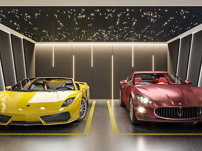 Luxury Garage With Yellow And Red Sports Cars Ceiling Star Lights And Floor Parking Lines 3d model