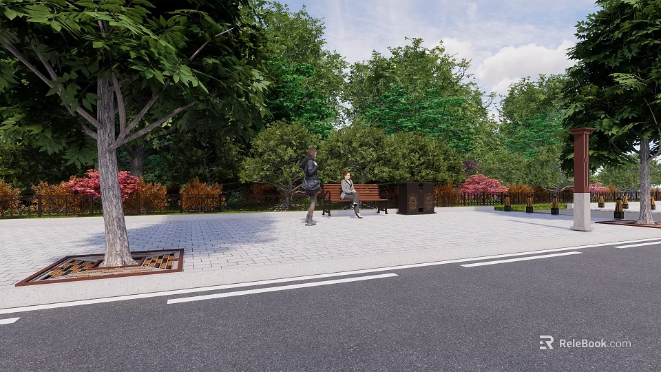 Scenic Public Park Area With Lush Trees Bench And People Relaxing 3d model 