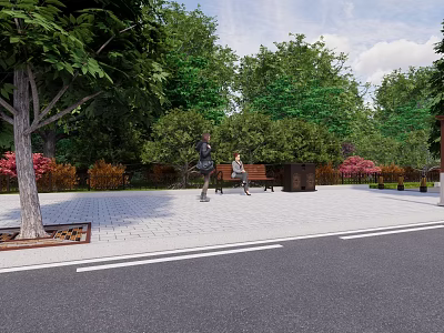 Scenic Public Park Area With Lush Trees Bench And People Relaxing 3d model