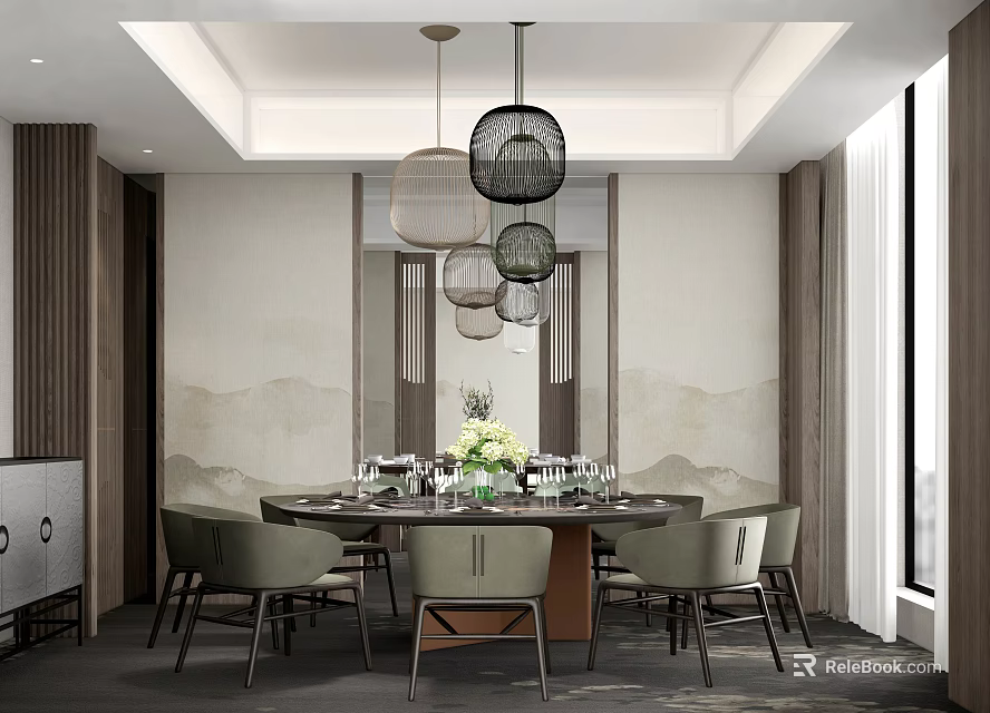 Private Dining Room with Round Table Chairs Pendant Lights and Decorative Wall 3d model