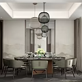 Private Dining Room with Round Table Chairs Pendant Lights and Decorative Wall 3d model