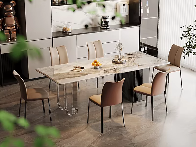 Modern Luxury Kitchen Interior With Marble Dining Table Beige Chairs And Green Plants 3d model