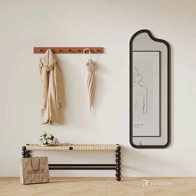 Stylish Entryway With Wooden Coat Rack Hanging Coat Umbrella Decorative Mirror And Woven Bench 3d model 