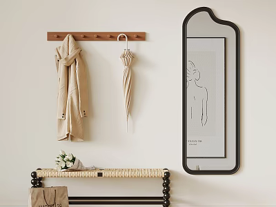 Stylish Entryway With Wooden Coat Rack Hanging Coat Umbrella Decorative Mirror And Woven Bench 3d model