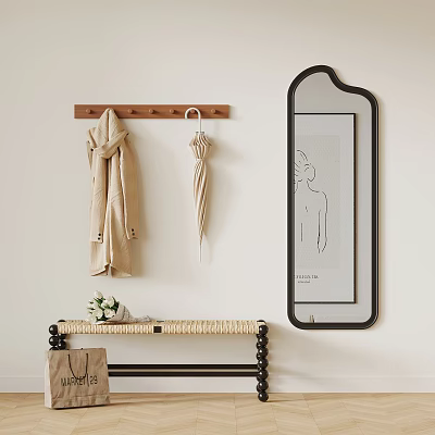 Stylish Entryway With Wooden Coat Rack Hanging Coat Umbrella Decorative Mirror And Woven Bench 3d model