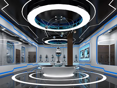 Modern Exhibition Hall With Futuristic Circular Lighting And Central Display Platform Design 3d model