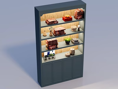 Dark Blue Bookcase with Multiple Shelves Holding Books Decorative Items Tea Cups and Small Plant 3d model