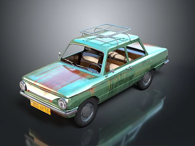 Vintage Green Classic Car With Rusty Exterior And Roof Rack Design 3d model