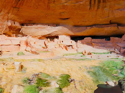 Stunning Red Rock Landscape With Ancient Cliff Dwellings And Lush Green Vegetation 3d model