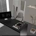 Modern Workspace Interior With Black Desk Grey Chair Screen Lamp Magazine And Plant
