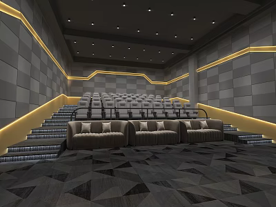 Modern Cinema Interior With Luxury Seats Illuminated Stairs And Geometric Wall Design 3d model