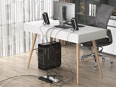 White Office Desk with Monitor Speakers PC Tower Surrounded by Cables and Office Chair 3d model