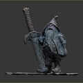 Dwarf Warrior Bronze Sculpture Holding Large Sword With Wrapped Handle On Stone Slab Base