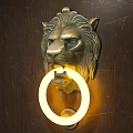 Ornate Vintage Brass Lion Head Door Knocker on Dark Wooden Door Panel