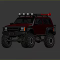 Red Off Road Vehicle With Large Tires Roof Rack And Spotlights