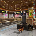 Chinese Restaurant Interior With Long Wooden Tables Menu Display Boards And Hanging Lights