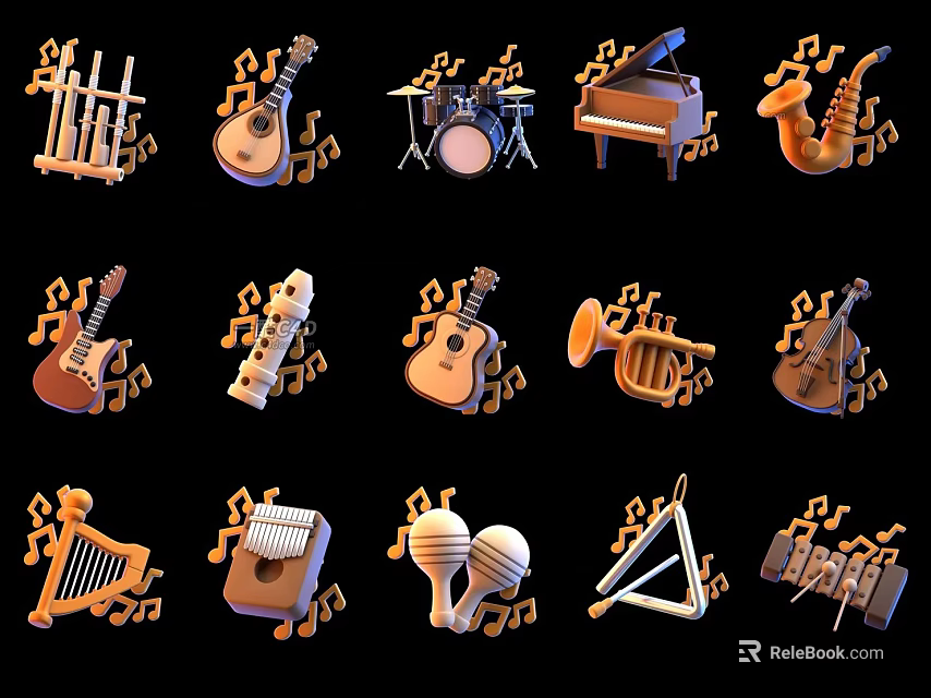 Diverse Entertainment Electronics With Guitar Piano Drums Saxophone Harp And Musical Notes 3d model 